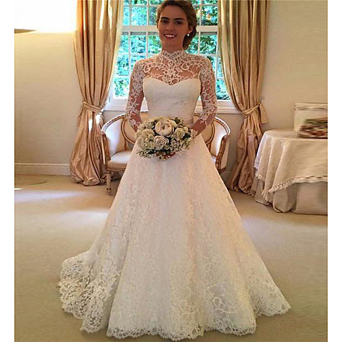 A-Line Wedding Dresses High Neck Sweep / Brush Train Lace 3/4 Length Sleeve Lace Illusion Sleeve with 2021
A-Line Wedding Dresses High Neck Sweep / Brush Train Lace 3/4 Length Sleeve Lace Illusion Sleeve with 2021