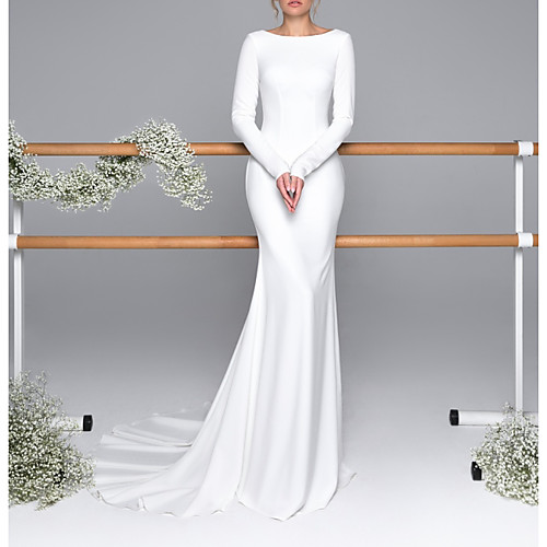 Mermaid / Trumpet Wedding Dresses Bateau Neck Sweep / Brush Train Satin Long Sleeve Mordern Backless with Buttons 2020
Mermaid / Trumpet Wedding Dresses Bateau Neck Sweep / Brush Train Satin Long Sleeve Mordern Backless with Buttons 2020