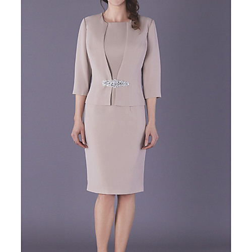 

Two Piece Sheath / Column Mother of the Bride Dress Wrap Included Jewel Neck Knee Length Polyester 3/4 Length Sleeve with Ruching 2021