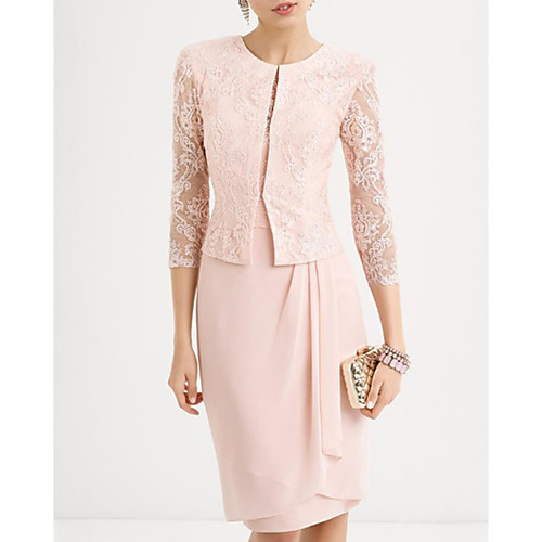 Two Piece Sheath / Column Mother of the Bride Dress Elegant Jewel Neck Knee Length Chiffon Lace 3/4 Length Sleeve with Ruched 2021
Two Piece Sheath / Column Mother of the Bride Dress Elegant Jewel Neck Knee Length Chiffon Lace 3/4 Length Sleeve with Ruched 2021