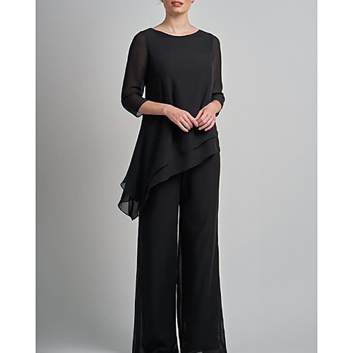 Pantsuit / Jumpsuit Mother of the Bride Dress Elegant Plus Size Jewel Neck Floor Length Chiffon 3/4 Length Sleeve with Lace 2020
Pantsuit / Jumpsuit Mother of the Bride Dress Elegant Plus Size Jewel Neck Floor Length Chiffon 3/4 Length Sleeve with Lace 2020