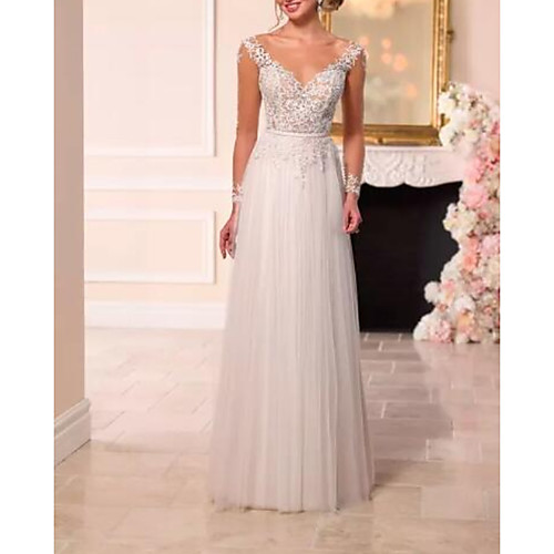 A-Line Wedding Dresses V Neck Sweep / Brush Train Lace Tulle Long Sleeve Romantic See-Through Backless with Appliques 2021
A-Line Wedding Dresses V Neck Sweep / Brush Train Lace Tulle Long Sleeve Romantic See-Through Backless with Appliques 2021