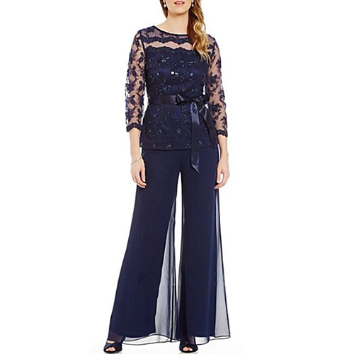 

Two Piece Pantsuit / Jumpsuit Mother of the Bride Dress Plus Size Jewel Neck Floor Length Chiffon Lace 3/4 Length Sleeve with Sash / Ribbon Bow(s) Beading 2021