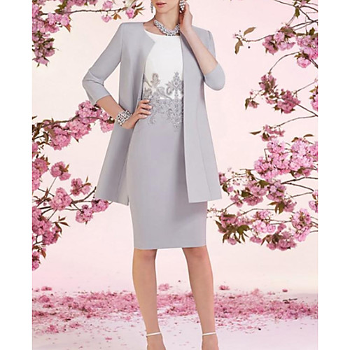 Sheath / Column Mother of the Bride Dress Wrap Included Jewel Neck Knee Length Satin 3/4 Length Sleeve with Appliques 2020
Sheath / Column Mother of the Bride Dress Wrap Included Jewel Neck Knee Length Satin 3/4 Length Sleeve with Appliques 2020