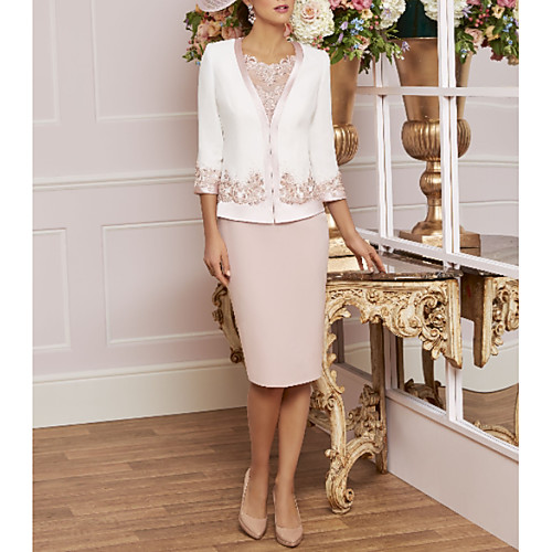 

Sheath / Column Mother of the Bride Dress Wrap Included Jewel Neck Knee Length Lace Jersey 3/4 Length Sleeve with Beading Appliques 2020