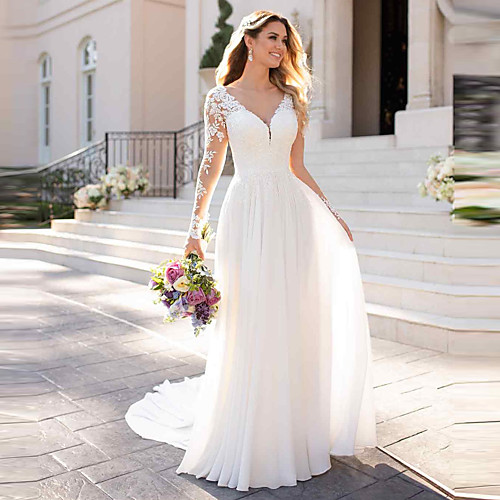 A-Line Wedding Dresses V Neck Chapel Train Chiffon Satin Long Sleeve Romantic Illusion Sleeve with Buttons Appliques 2020
A-Line Wedding Dresses V Neck Chapel Train Chiffon Satin Long Sleeve Romantic Illusion Sleeve with Buttons Appliques 2020