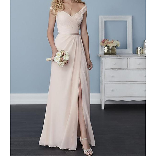 A-Line Off Shoulder Floor Length Chiffon Bridesmaid Dress with Sash / Ribbon / Pleats / Split Front
A-Line Off Shoulder Floor Length Chiffon Bridesmaid Dress with Sash / Ribbon / Pleats / Split Front
