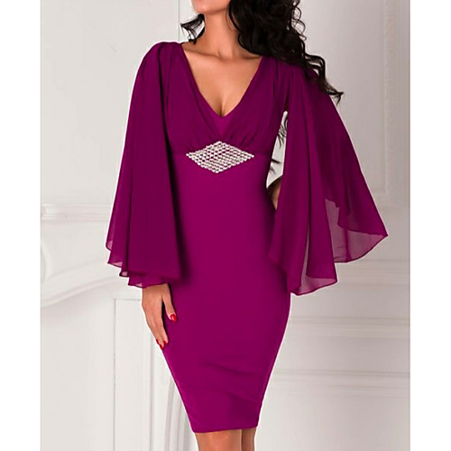 Sheath / Column Beautiful Back Holiday Cocktail Party Dress Plunging Neck Long Sleeve Knee Length Chiffon with Beading 2021
Sheath / Column Beautiful Back Holiday Cocktail Party Dress Plunging Neck Long Sleeve Knee Length Chiffon with Beading 2021