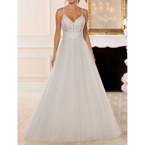 A-Line Wedding Dresses V Neck Sweep / Brush Train Lace Tulle Spaghetti Strap Romantic Backless with Bow(s) 2021
A-Line Wedding Dresses V Neck Sweep / Brush Train Lace Tulle Spaghetti Strap Romantic Backless with Bow(s) 2021
