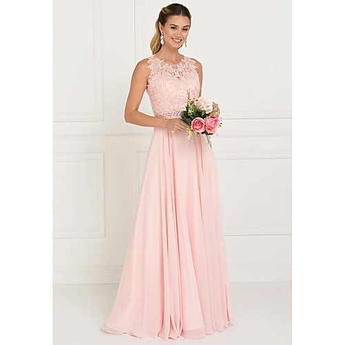 

A-Line Jewel Neck Sweep / Brush Train Tulle Bridesmaid Dress with Lace / Sash / Ribbon
