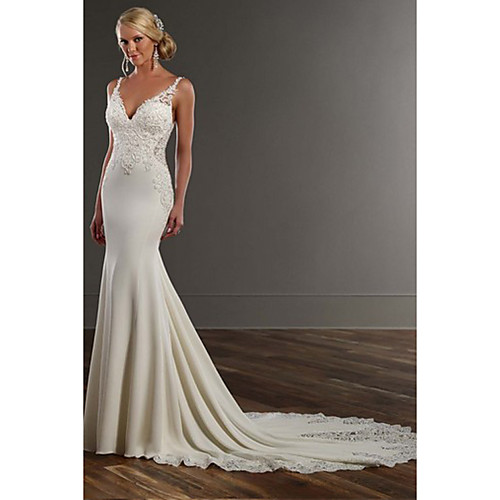 Mermaid / Trumpet Wedding Dresses V Neck Chapel Train Lace Stretch Satin Spaghetti Strap See-Through Beautiful Back with Appliques 2020
Mermaid / Trumpet Wedding Dresses V Neck Chapel Train Lace Stretch Satin Spaghetti Strap See-Through Beautiful Back with Appliques 2020