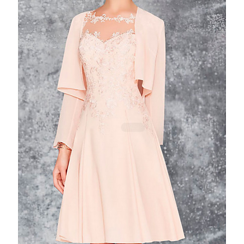 

A-Line Mother of the Bride Dress Wrap Included Jewel Neck Knee Length Chiffon Lace Long Sleeve with Appliques Ruching 2021