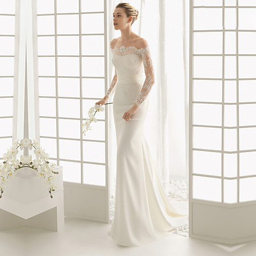 Mermaid / Trumpet Wedding Dresses Off Shoulder Chapel Train Stretch Satin Long Sleeve Romantic Illusion Sleeve with 2021
Mermaid / Trumpet Wedding Dresses Off Shoulder Chapel Train Stretch Satin Long Sleeve Romantic Illusion Sleeve with 2021