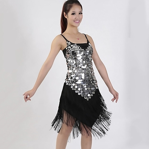 

Latin Dance Dress Tassel Paillette Women's Training Performance Sleeveless Natural Sequined Milk Fiber
