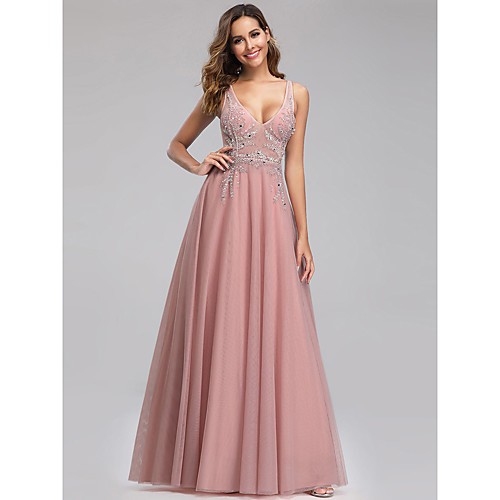 A-Line Open Back Formal Evening Dress Plunging Neck Sleeveless Floor Length Tulle with Beading 2021
A-Line Open Back Formal Evening Dress Plunging Neck Sleeveless Floor Length Tulle with Beading 2021