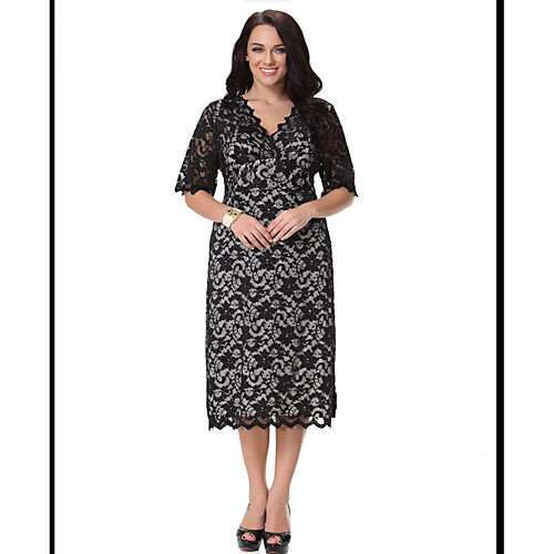 

Women's Bodycon Knee Length Dress Black Beige Half Sleeve Jacquard Solid Colored Cut Out Lace Fall Winter V Neck Sophisticated Lace XL XXL 3XL 4XL 6XL / Plus Size