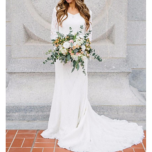 Sheath / Column Wedding Dresses V Neck Sweep / Brush Train Chiffon Lace 3/4 Length Sleeve Romantic Simple Elegant with 2021
Sheath / Column Wedding Dresses V Neck Sweep / Brush Train Chiffon Lace 3/4 Length Sleeve Romantic Simple Elegant with 2021
