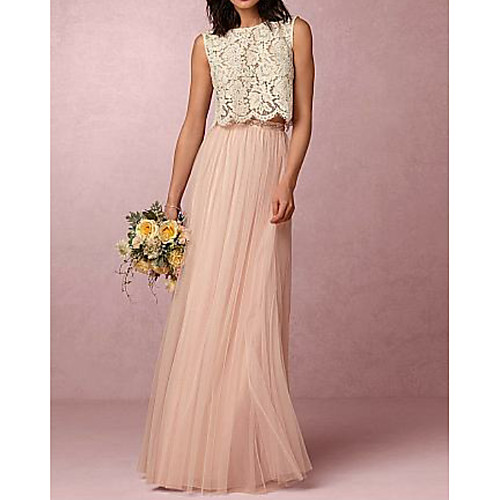 A-Line Jewel Neck Floor Length Chiffon / Lace Bridesmaid Dress with Pleats / Two Piece 
A-Line Jewel Neck Floor Length Chiffon / Lace Bridesmaid Dress with Pleats / Two Piece