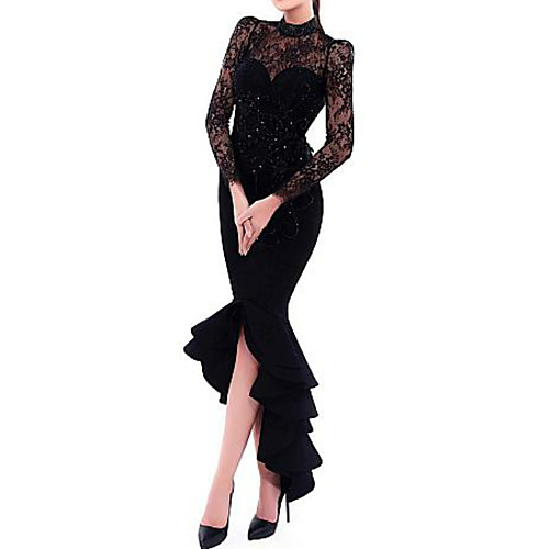 Sheath / Column Elegant Formal Evening Dress High Neck Long Sleeve Asymmetrical Satin with Crystals Ruffles Lace Insert 2021
Sheath / Column Elegant Formal Evening Dress High Neck Long Sleeve Asymmetrical Satin with Crystals Ruffles Lace Insert 2021