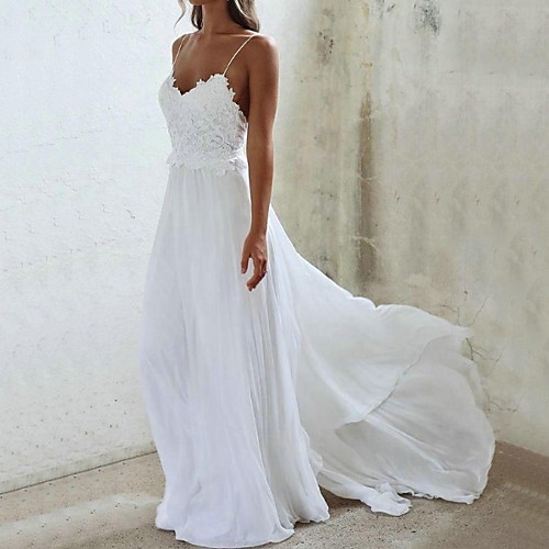 A-Line Wedding Dresses V Neck Sweep / Brush Train Chiffon Spaghetti Strap with Lace Insert 2021
A-Line Wedding Dresses V Neck Sweep / Brush Train Chiffon Spaghetti Strap with Lace Insert 2021