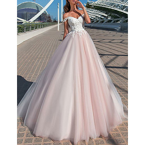 A-Line Wedding Dresses Off Shoulder Court Train Tulle Short Sleeve Romantic Illusion Detail with Appliques 2021
A-Line Wedding Dresses Off Shoulder Court Train Tulle Short Sleeve Romantic Illusion Detail with Appliques 2021
