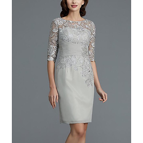 

Two Piece Sheath / Column Mother of the Bride Dress Wrap Included Jewel Neck Knee Length Chiffon 3/4 Length Sleeve with Lace Sash / Ribbon Crystal Brooch 2021