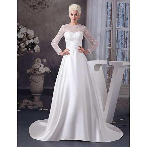 A-Line Wedding Dresses Jewel Neck Court Train Satin Tulle 3/4 Length Sleeve Illusion Sleeve with Ruched 2021
A-Line Wedding Dresses Jewel Neck Court Train Satin Tulle 3/4 Length Sleeve Illusion Sleeve with Ruched 2021