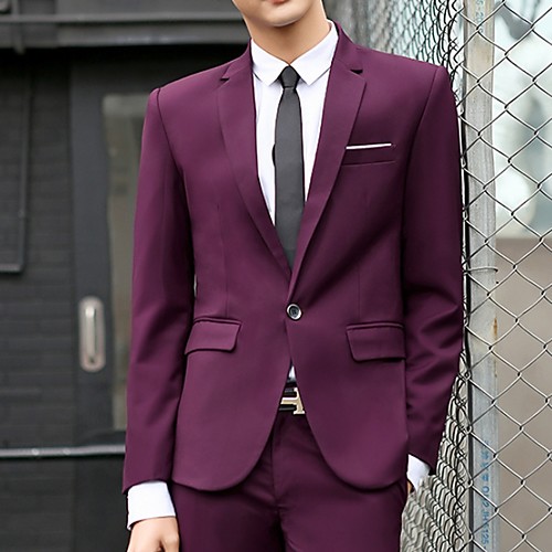 

Black / Blue / Burgundy Solid Colored Tailored Fit Polyester Suit - Notch Single Breasted One-button / Suits