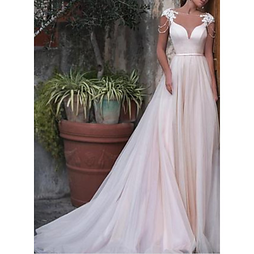 A-Line Wedding Dresses Bateau Neck Court Train Satin Tulle Cap Sleeve with Sashes / Ribbons Appliques 2021
A-Line Wedding Dresses Bateau Neck Court Train Satin Tulle Cap Sleeve with Sashes / Ribbons Appliques 2021