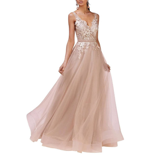 A-Line Open Back Prom Formal Evening Dress Plunging Neck Sleeveless Floor Length Lace Tulle with Pleats Lace Insert 2021
A-Line Open Back Prom Formal Evening Dress Plunging Neck Sleeveless Floor Length Lace Tulle with Pleats Lace Insert 2021