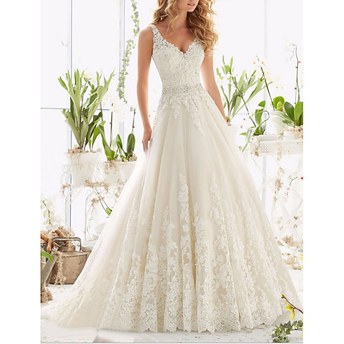 A-Line Wedding Dresses V Neck Sweep / Brush Train Tulle Regular Straps with Appliques 2020
A-Line Wedding Dresses V Neck Sweep / Brush Train Tulle Regular Straps with Appliques 2020