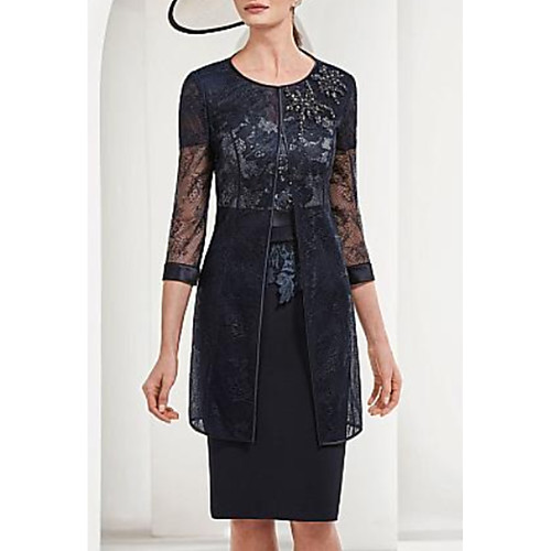 Two Piece Sheath / Column Mother of the Bride Dress Wrap Included Jewel Neck Knee Length Lace Sequined 3/4 Length Sleeve with Beading 2021
Two Piece Sheath / Column Mother of the Bride Dress Wrap Included Jewel Neck Knee Length Lace Sequined 3/4 Length Sleeve with Beading 2021
