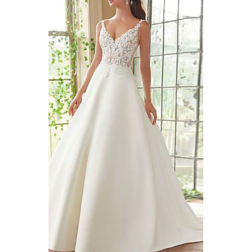 A-Line Wedding Dresses V Neck Court Train Lace Satin Spaghetti Strap with Appliques 2021
A-Line Wedding Dresses V Neck Court Train Lace Satin Spaghetti Strap with Appliques 2021