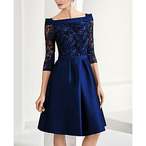 A-Line Mother of the Bride Dress See Through Bateau Neck Knee Length Lace Satin 3/4 Length Sleeve with Lace 2021
A-Line Mother of the Bride Dress See Through Bateau Neck Knee Length Lace Satin 3/4 Length Sleeve with Lace 2021