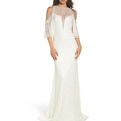 Sheath / Column Wedding Dresses Jewel Neck Sweep / Brush Train Chiffon Lace 3/4 Length Sleeve with Beading 2021
Sheath / Column Wedding Dresses Jewel Neck Sweep / Brush Train Chiffon Lace 3/4 Length Sleeve with Beading 2021