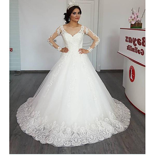 Ball Gown A-Line Wedding Dresses Jewel Neck Chapel Train Lace Tulle Long Sleeve Illusion Sleeve with Appliques 2020
Ball Gown A-Line Wedding Dresses Jewel Neck Chapel Train Lace Tulle Long Sleeve Illusion Sleeve with Appliques 2020