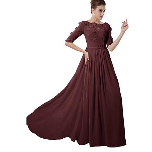 

A-Line Jewel Neck Sweep / Brush Train Chiffon Bridesmaid Dress with Appliques / Ruching