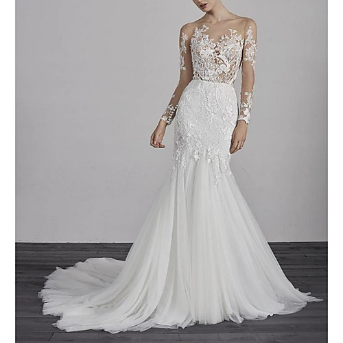 Mermaid / Trumpet Wedding Dresses Jewel Neck Court Train Lace Tulle Long Sleeve Boho Illusion Sleeve with Appliques 2020
Mermaid / Trumpet Wedding Dresses Jewel Neck Court Train Lace Tulle Long Sleeve Boho Illusion Sleeve with Appliques 2020
