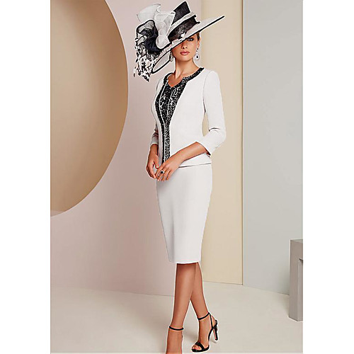 Two Piece Sheath / Column Mother of the Bride Dress Wrap Included V Neck Knee Length Lace Jersey 3/4 Length Sleeve with Lace Beading 2021
Two Piece Sheath / Column Mother of the Bride Dress Wrap Included V Neck Knee Length Lace Jersey 3/4 Length Sleeve with Lace Beading 2021