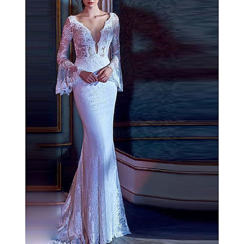 Mermaid / Trumpet Wedding Dresses V Neck Court Train Lace Tulle Long Sleeve Illusion Sleeve with 2021
Mermaid / Trumpet Wedding Dresses V Neck Court Train Lace Tulle Long Sleeve Illusion Sleeve with 2021