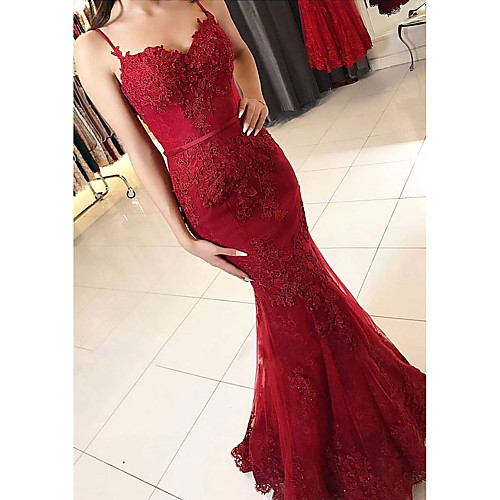 Mermaid / Trumpet Elegant Prom Formal Evening Dress Spaghetti Strap Sleeveless Floor Length Lace Tulle with Beading Appliques 2021
Mermaid / Trumpet Elegant Prom Formal Evening Dress Spaghetti Strap Sleeveless Floor Length Lace Tulle with Beading Appliques 2021