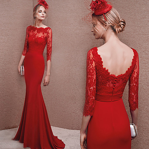 Mermaid / Trumpet Sexy Formal Evening Dress Boat Neck 3/4 Length Sleeve Sweep / Brush Train Lace Polyester with 2021
Mermaid / Trumpet Sexy Formal Evening Dress Boat Neck 3/4 Length Sleeve Sweep / Brush Train Lace Polyester with 2021