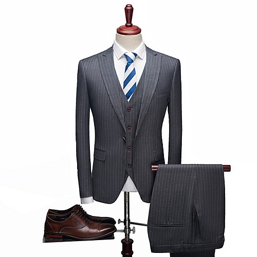 Black / Navy Blue / Gray Striped Tailored Fit Polyester Suit - Peak Single Breasted One-button / Suits
Black / Navy Blue / Gray Striped Tailored Fit Polyester Suit - Peak Single Breasted One-button / Suits