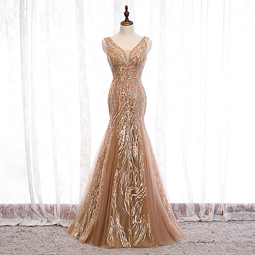Mermaid / Trumpet Elegant Formal Evening Dress V Neck Sleeveless Floor Length Tulle with Sequin Appliques 2020
Mermaid / Trumpet Elegant Formal Evening Dress V Neck Sleeveless Floor Length Tulle with Sequin Appliques 2020
