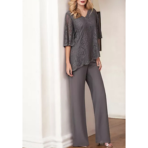 Pantsuit / Jumpsuit Mother of the Bride Dress Elegant & Luxurious V Neck Floor Length Lace Jersey 3/4 Length Sleeve with Lace 2021
Pantsuit / Jumpsuit Mother of the Bride Dress Elegant & Luxurious V Neck Floor Length Lace Jersey 3/4 Length Sleeve with Lace 2021