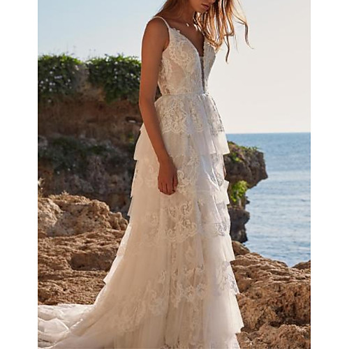 A-Line Wedding Dresses V Neck Sweep / Brush Train Chiffon Lace Spaghetti Strap Boho with Cascading Ruffles 2021
A-Line Wedding Dresses V Neck Sweep / Brush Train Chiffon Lace Spaghetti Strap Boho with Cascading Ruffles 2021