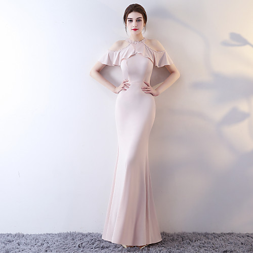 Sheath / Column Elegant Wedding Guest Prom Formal Evening Dress Halter Neck Short Sleeve Floor Length Jersey with Beading Ruffles 2021
Sheath / Column Elegant Wedding Guest Prom Formal Evening Dress Halter Neck Short Sleeve Floor Length Jersey with Beading Ruffles 2021