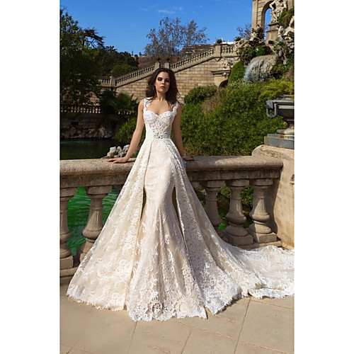 Mermaid / Trumpet Wedding Dresses Sweetheart Neckline Court Train Lace Tulle Lace Over Satin Regular Straps Boho Plus Size Detachable with Appliques 2020
Mermaid / Trumpet Wedding Dresses Sweetheart Neckline Court Train Lace Tulle Lace Over Satin Regular Straps Boho Plus Size Detachable with Appliques 2020
