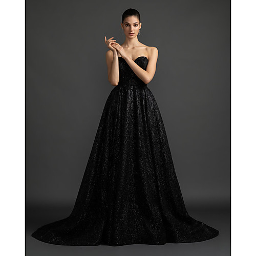

A-Line Wedding Dresses Sweetheart Neckline Court Train Satin Sequined Strapless Black Modern with Draping 2021