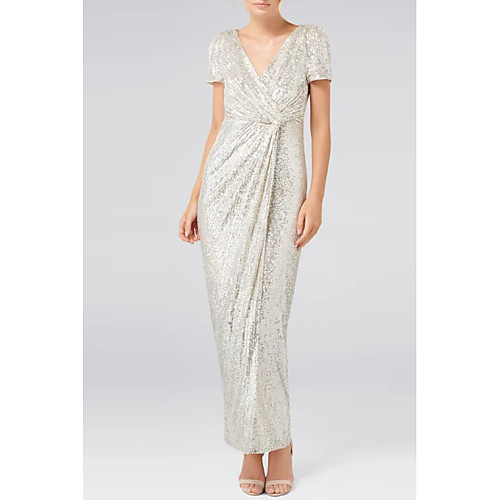 Sheath / Column Glittering Engagement Formal Evening Dress V Neck Short Sleeve Ankle Length Sequined with Ruched Sequin 2021
Sheath / Column Glittering Engagement Formal Evening Dress V Neck Short Sleeve Ankle Length Sequined with Ruched Sequin 2021